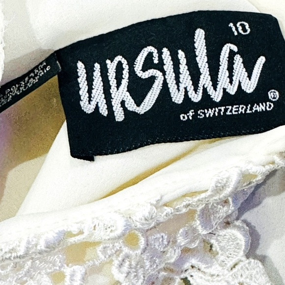 ππΌ URSULA OF SWITZERLAND ULTRA RARE 70s Cream Lace Tan Chiffon Maxi Dress Sz 10 - Picture 7 of 13